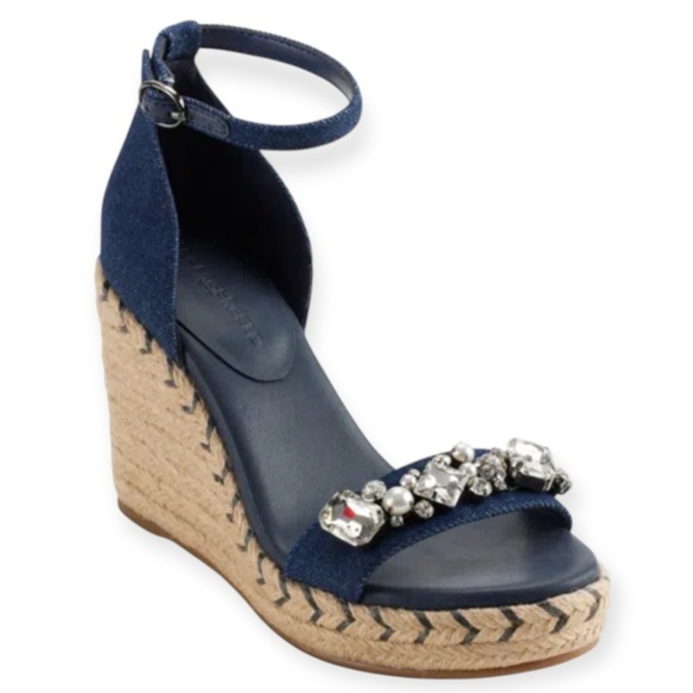 Fabulous Karl Lagerfeld Navy Jeweled Espadrille Wedge Sandals - size 8